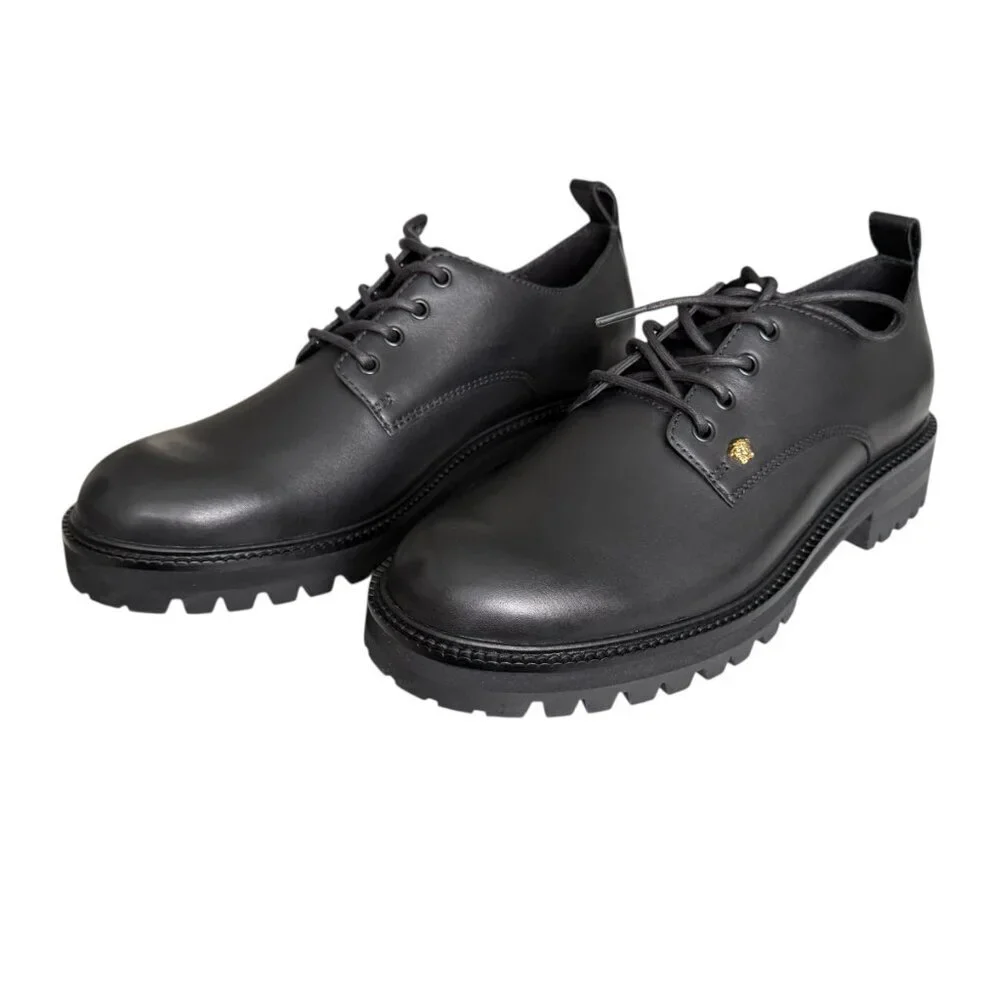 Versace 1014646 Men's Black 100% Leather Small Gold Logo‎ Medusa Derby Shoes, 44